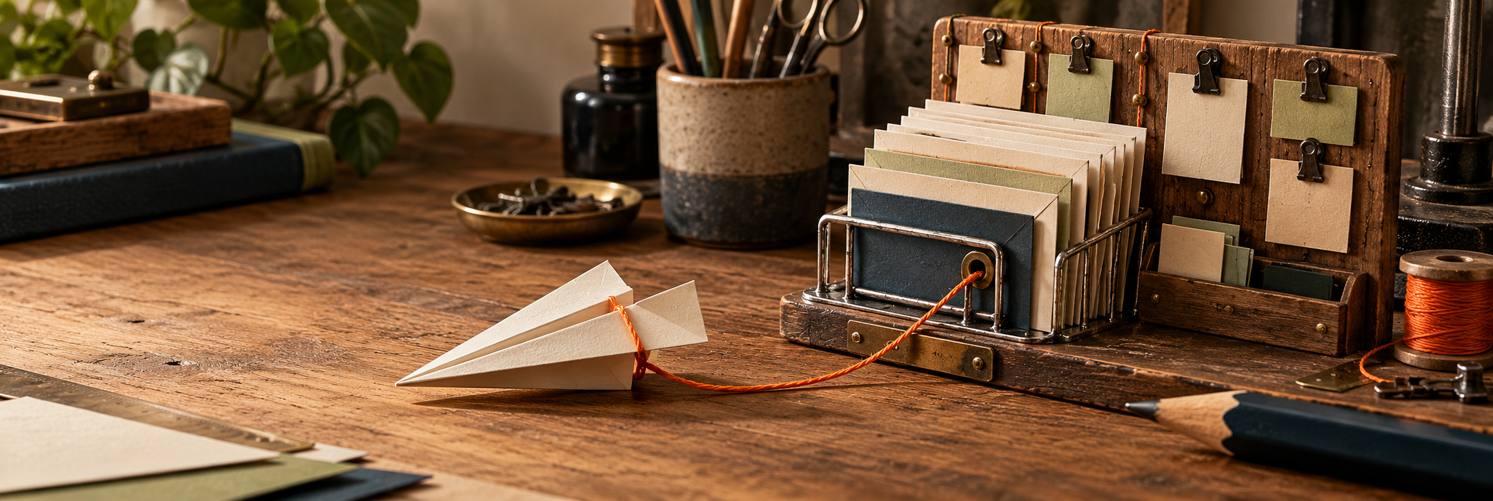A miniature correspondence station on a wooden desk, with paper cards, metal clips and an orange cord tied to a paper airplane.